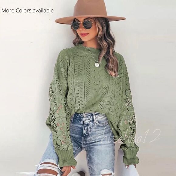 🎉HP🎉NEW Lace Crochet Crew Neck Pullover Sweater - Picture 5 of 8